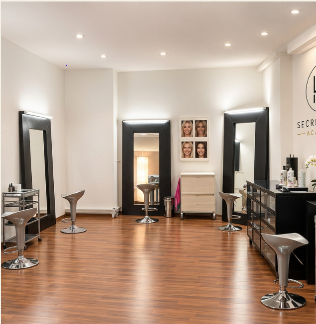 Der helle Secret Hair Academy Showroom in Zürich mit Beratungsplätzen und Spiegeln